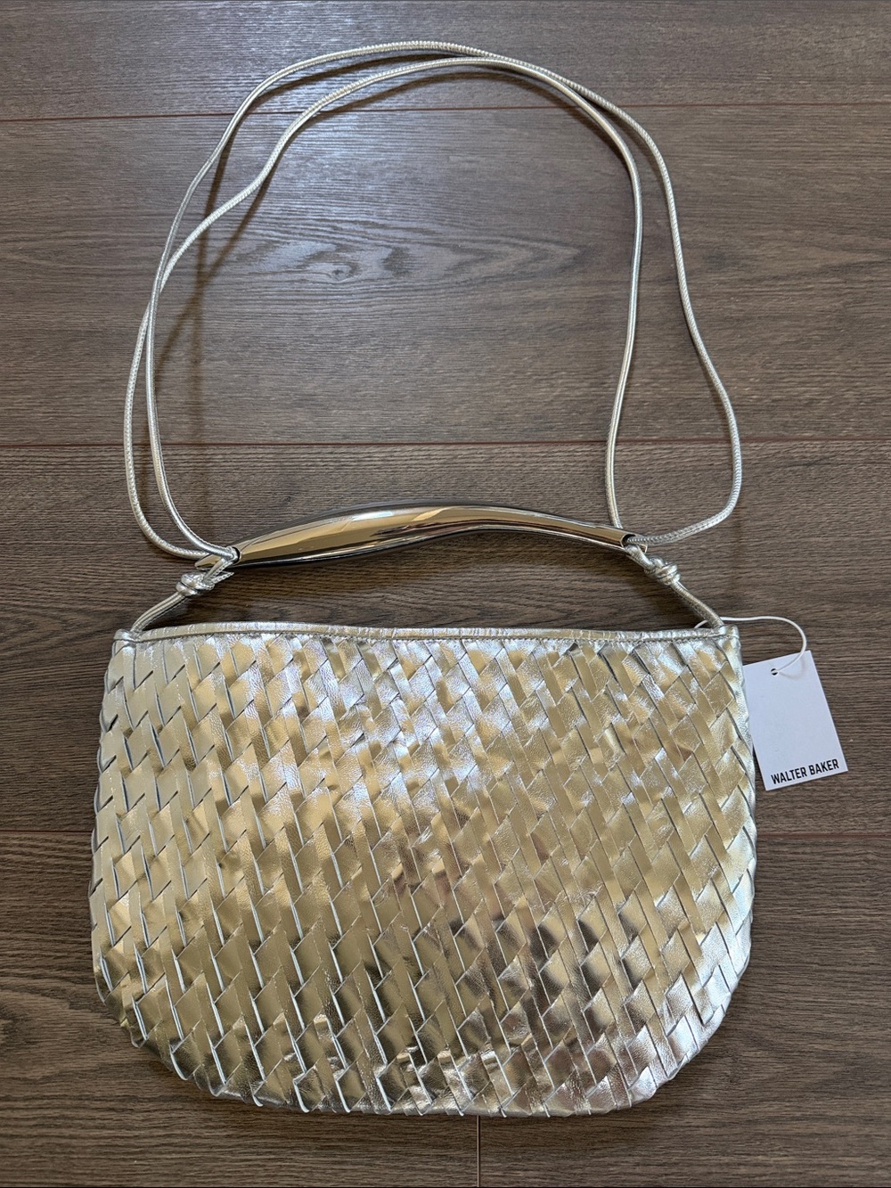 Walter Baker Leather Weaved Hazel Hobo Bag Silver Indsutrial Handle Metallic NEW